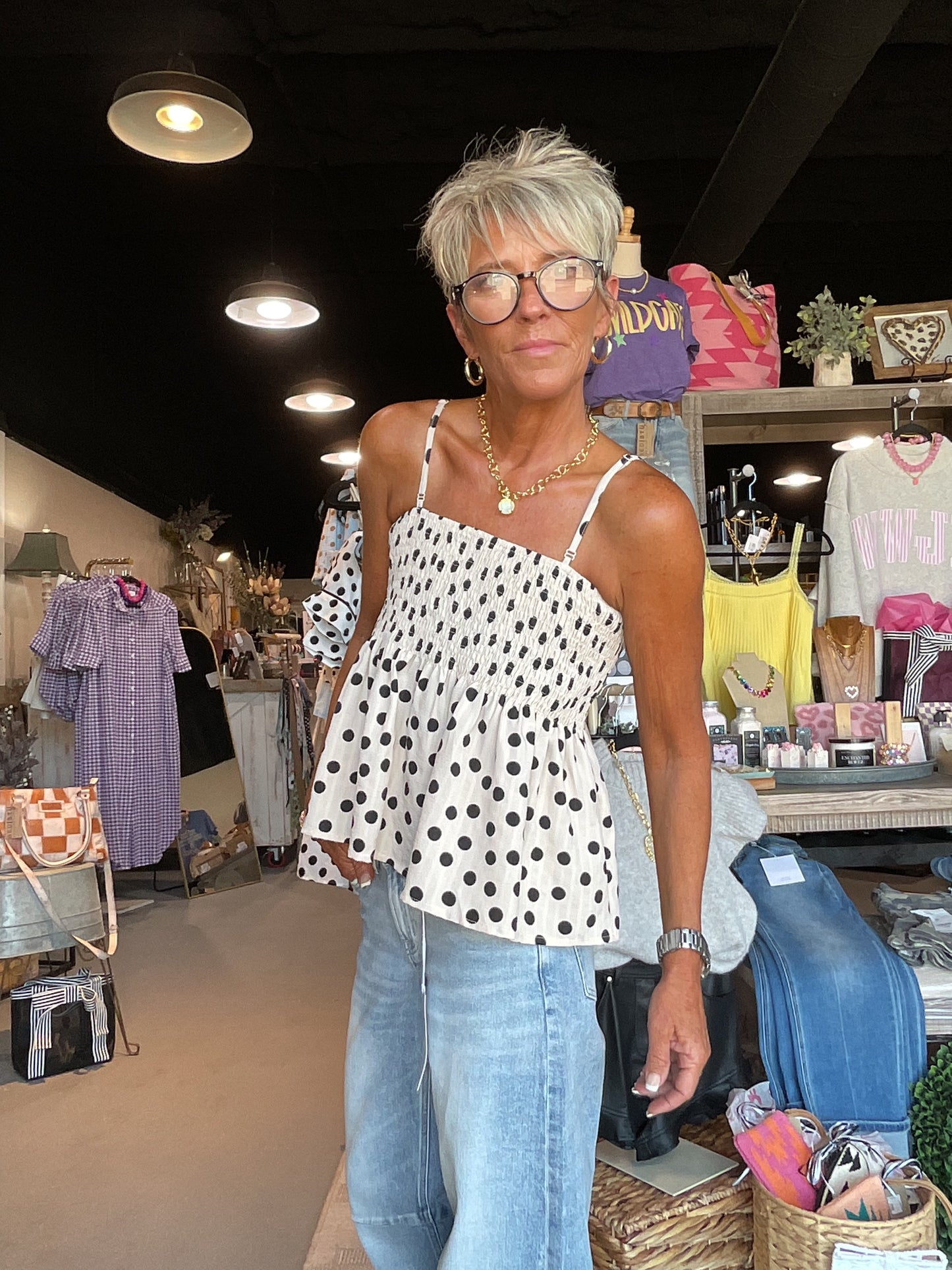 Cream/Black Polka Dot Print Smocked Cami Tank Top