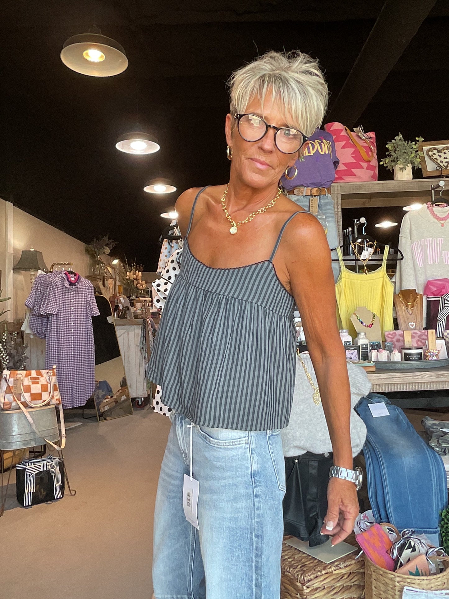 Navy Multi FIA Babydoll Top with Stripes