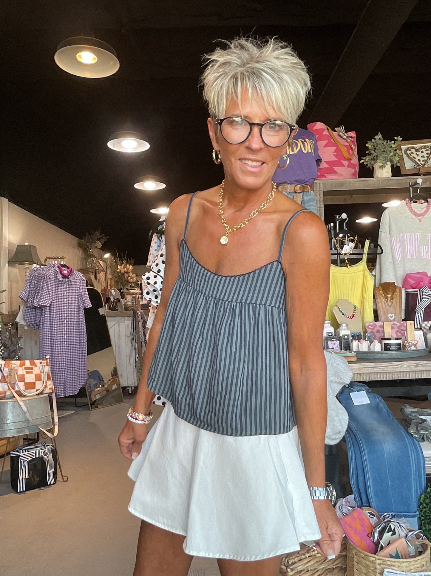 White Denim Bubble Skort with Smocked Back