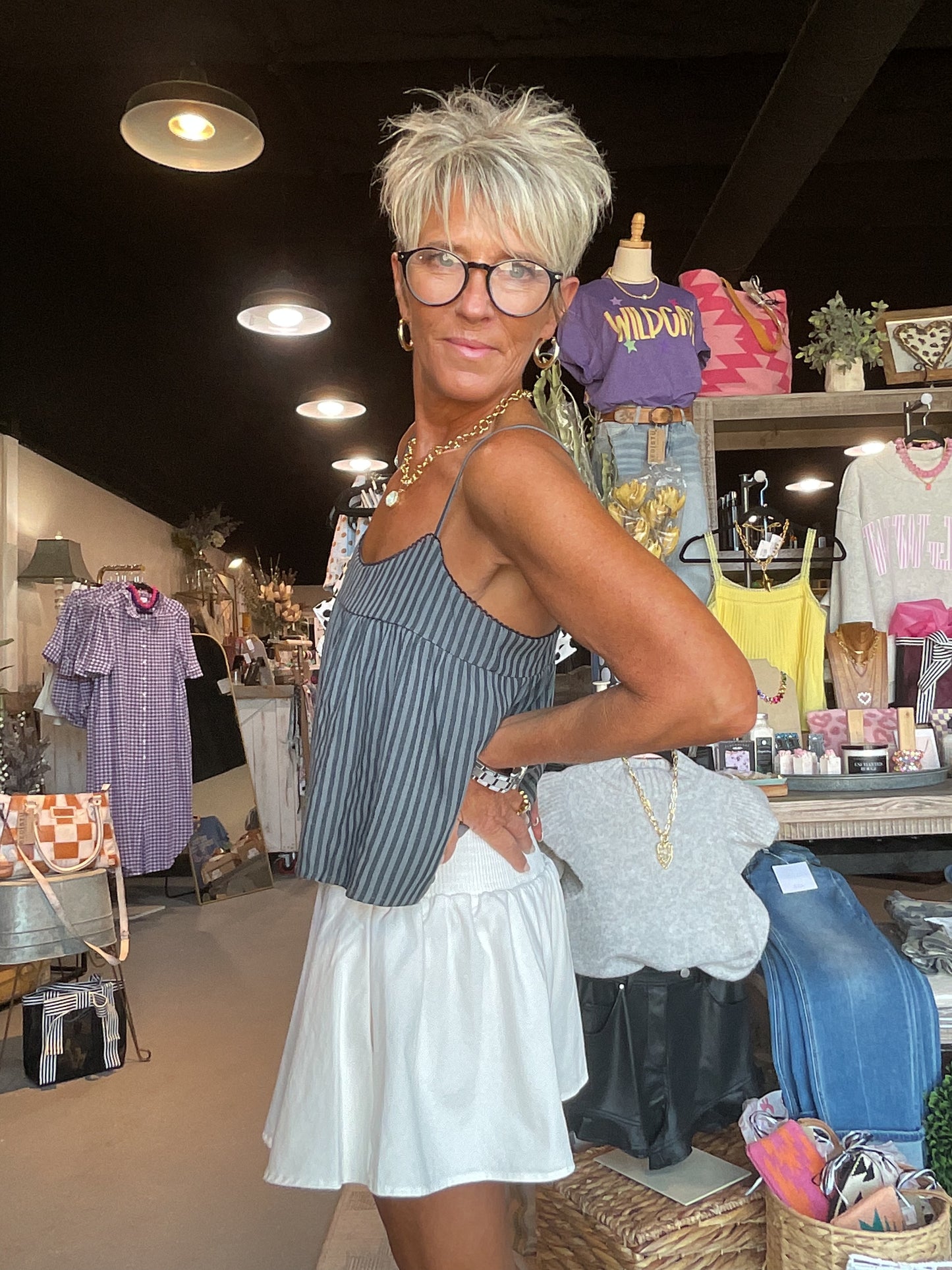 White Denim Bubble Skort with Smocked Back