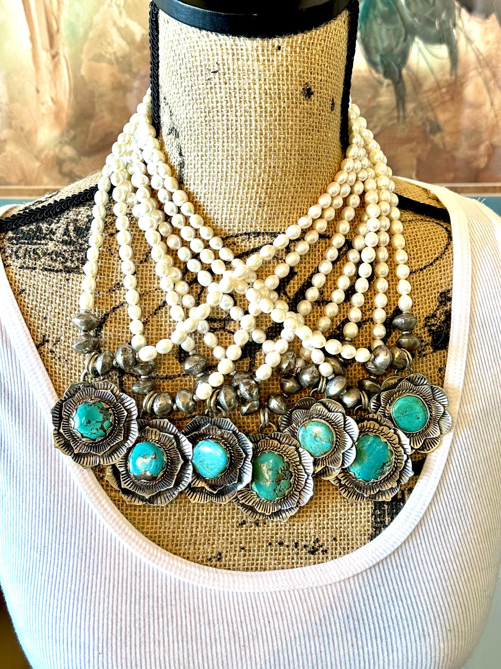 WJ01 Turquoise and Pearl Silver Blossom Necklace