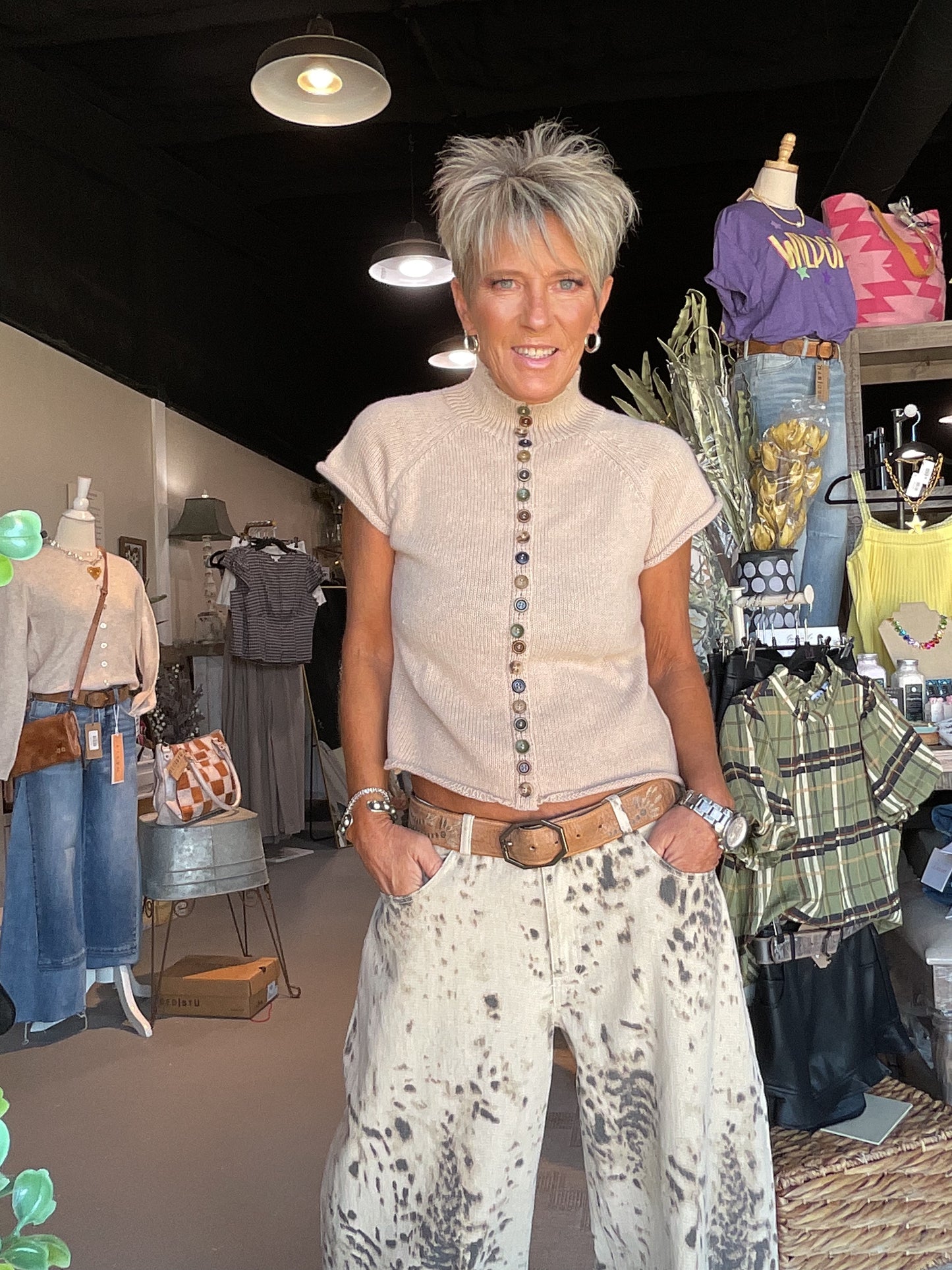 Jenna Button Up Knit Khaki Mock Neck Shortsleeved Top