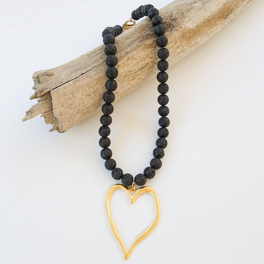 Lava Gemstone Beaded Necklace with XL Gold Heart