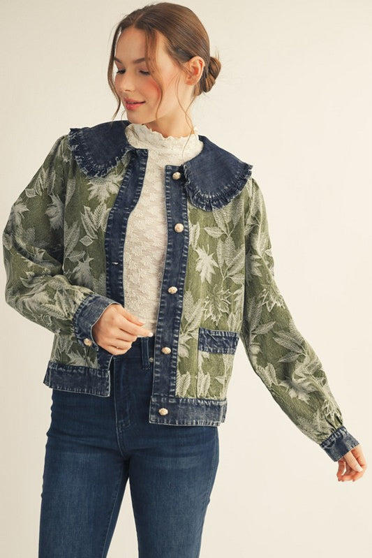 Ruffled Wide Collar Leaf Jacquard Jacket