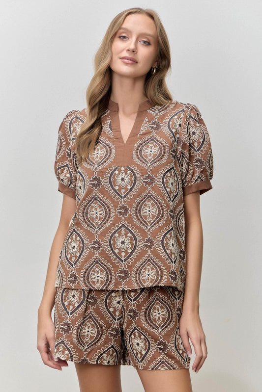 Mocha Woven Puff Sleeve Top