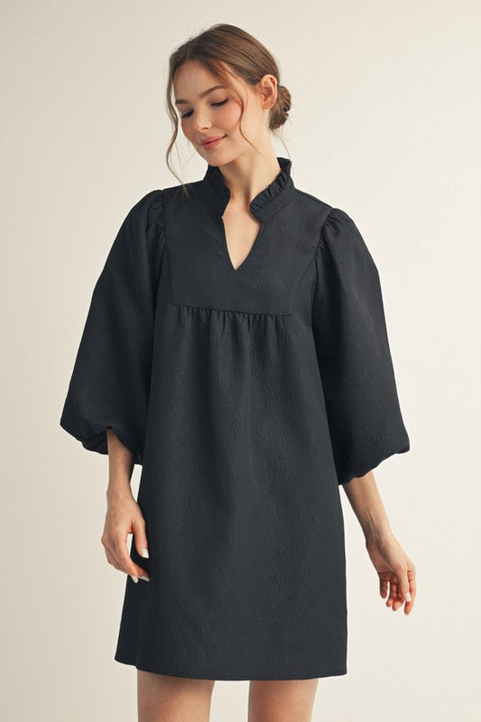 Black Solid Textured Balloon Sleeve Babydoll Dress