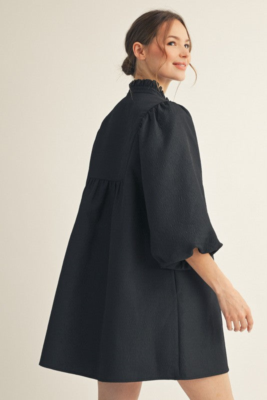 Black Solid Textured Balloon Sleeve Babydoll Dress
