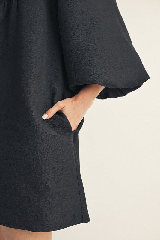 Black Solid Textured Balloon Sleeve Babydoll Dress