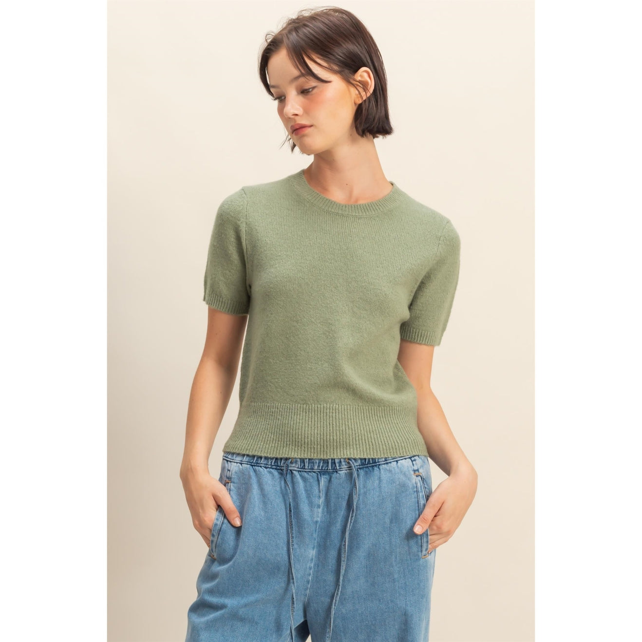 Short Sleeve Sweater Top in Sage Green