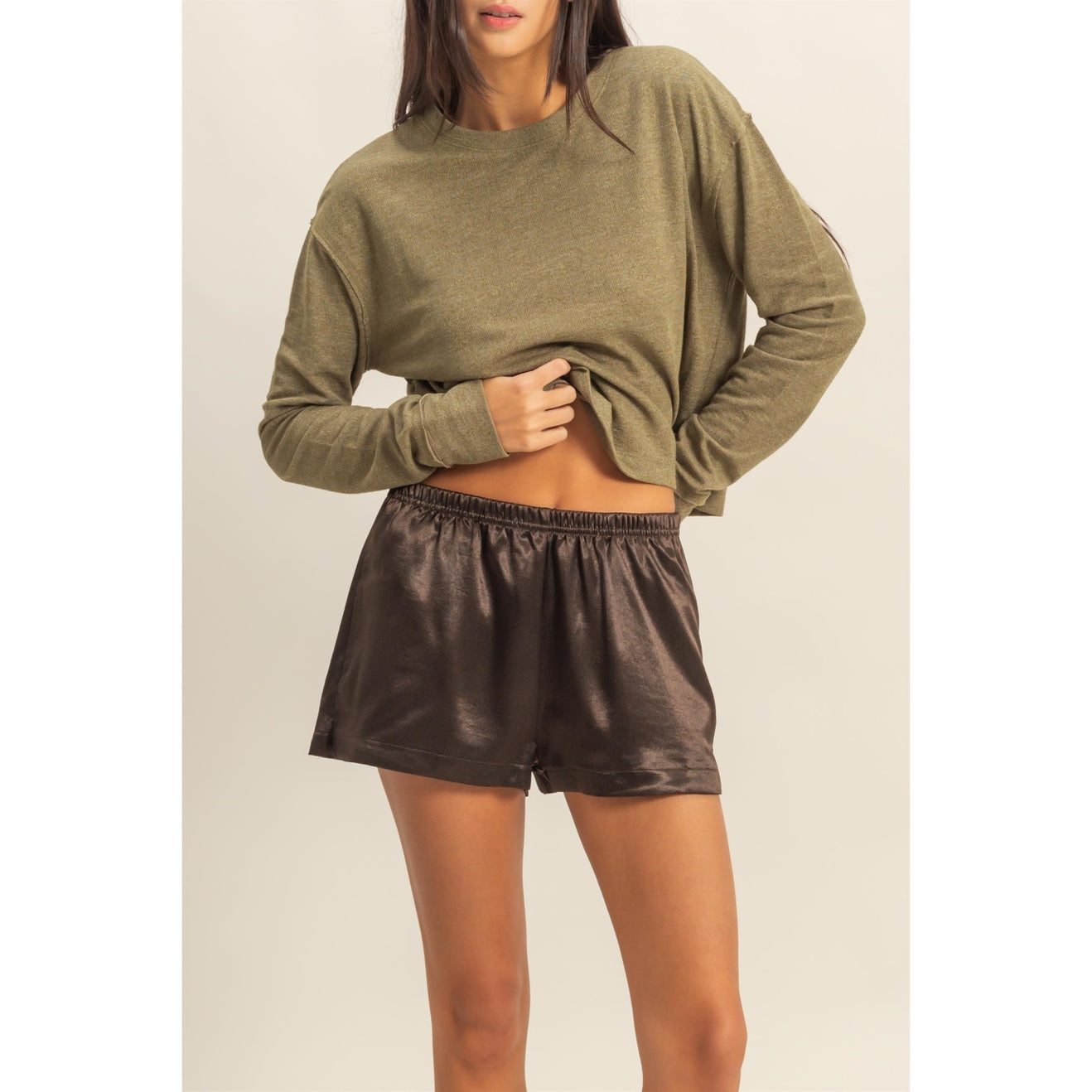 Satin Elastic Waist Shorts with Side Slits