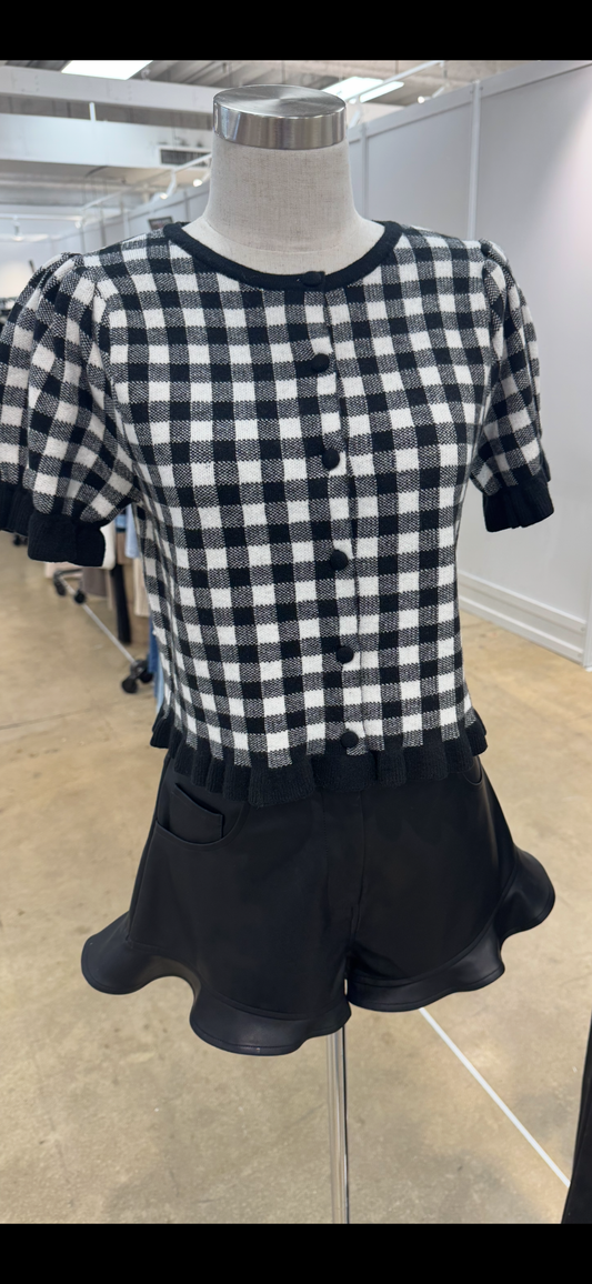 Gingham Button Down Short Puff Sleeve Sweater
