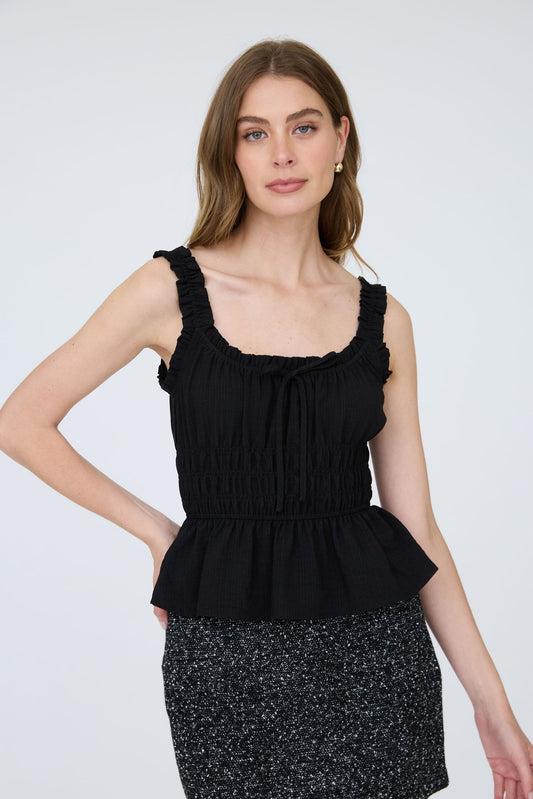 Ruffled Front Tie Shirred Waist Tank Top