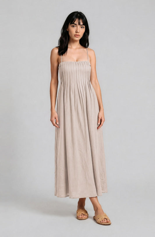 Pintuck Detail Spaghetti Strap Midi Sundress in Light Khaki