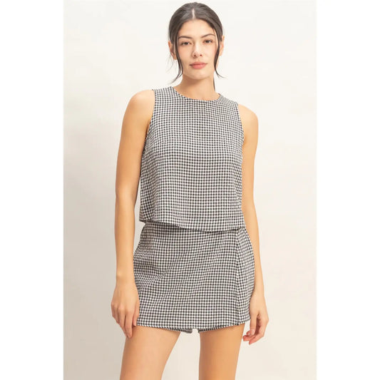 Black Gingham Checkered Sleeveless Top and Skort Set