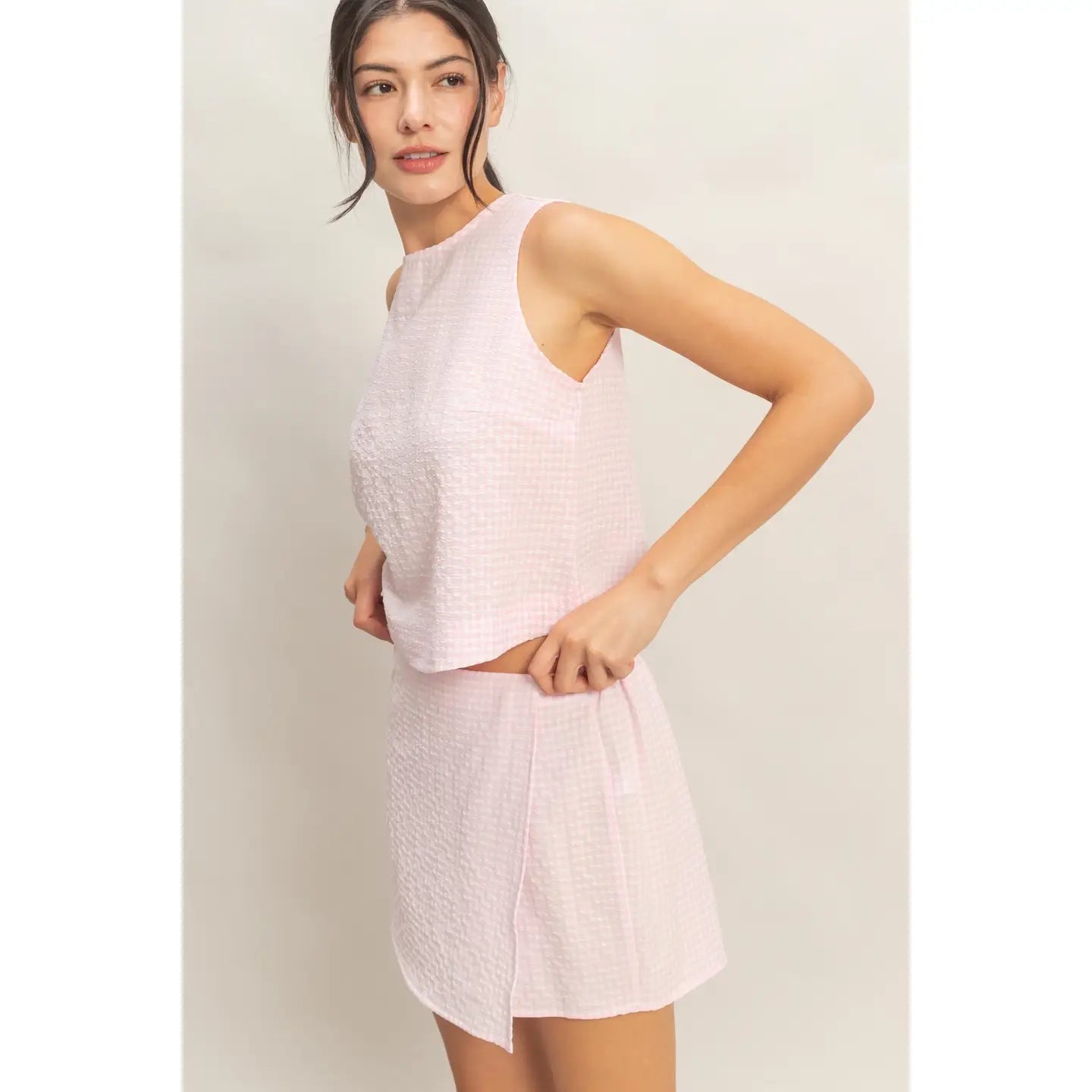 Pink Gingham Checkered Sleeveless Top and Skort Set