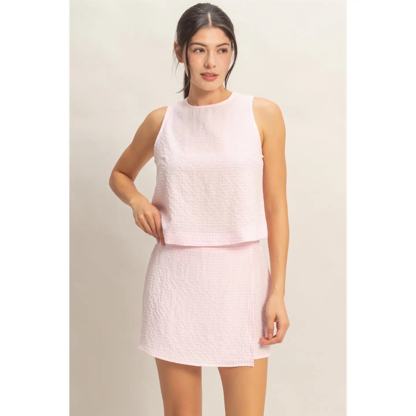 Pink Gingham Checkered Sleeveless Top and Skort Set