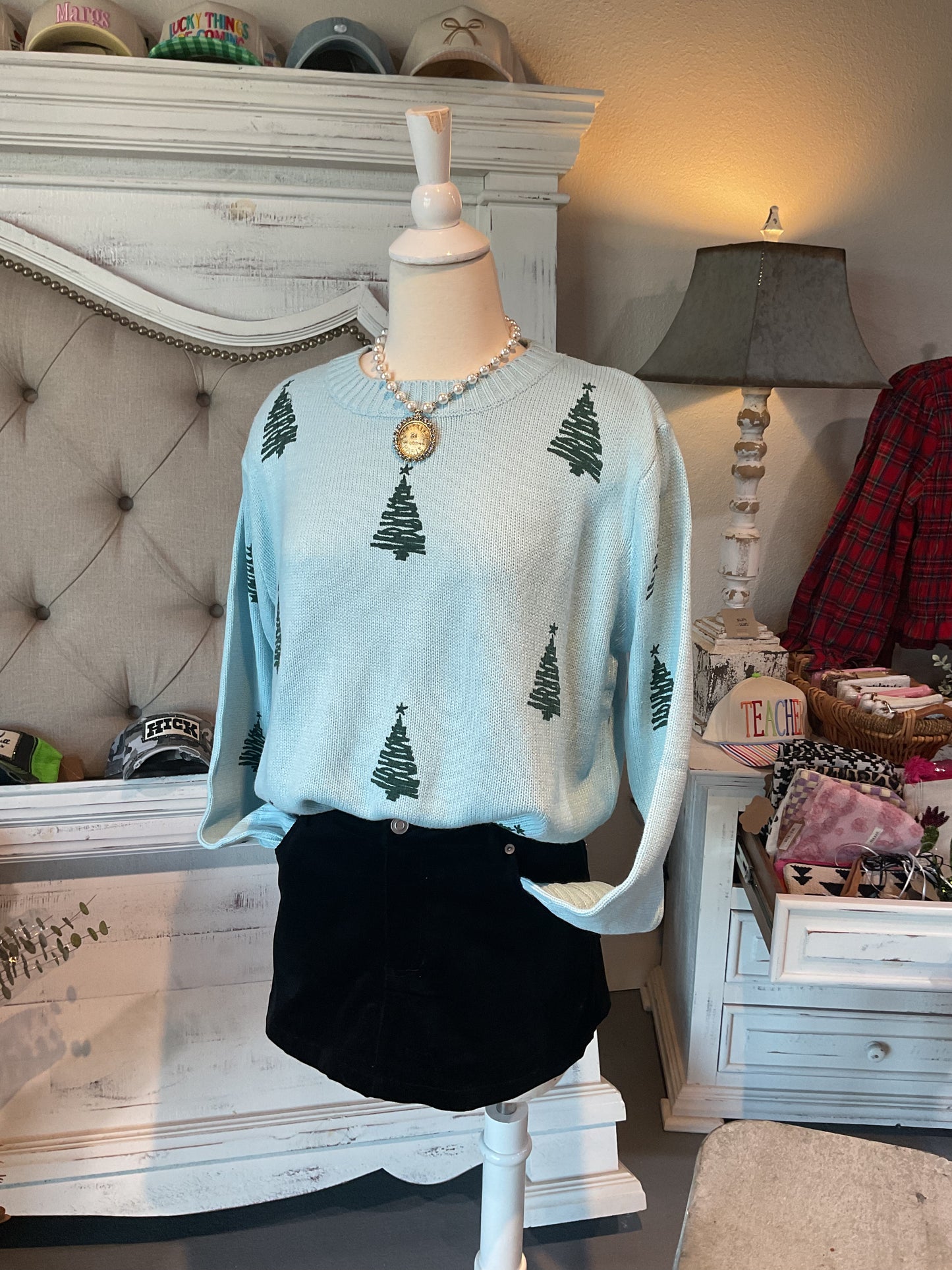 Aqua Sweater with Green Christmas Trees
