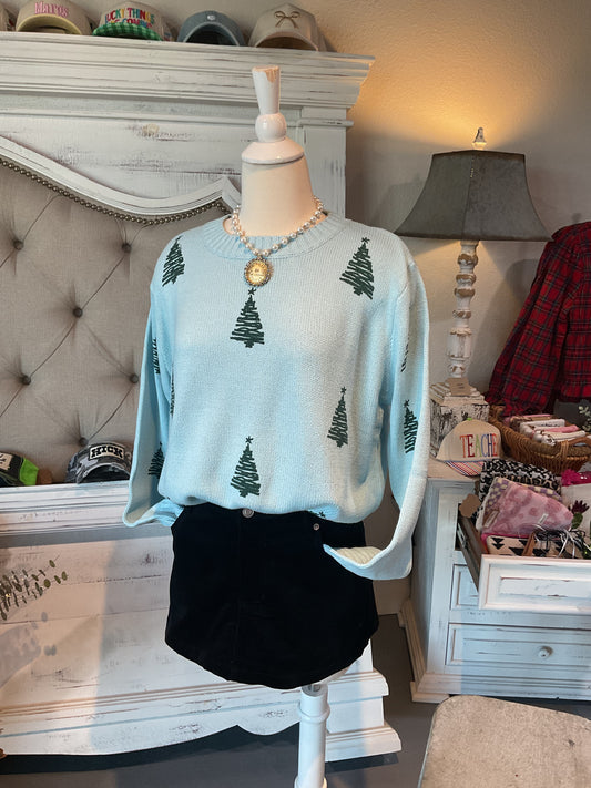 Aqua Sweater with Green Christmas Trees