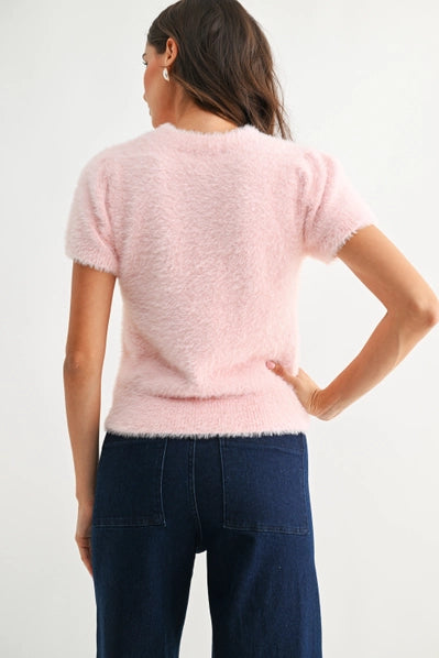 Soft Pink Fuzzy Knit Short Sleeve Sweater